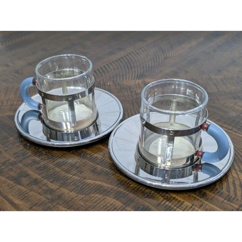 Vintage Alessi Michael Graves Espresso Demitasse Cups Saucers Set 2 Italy France